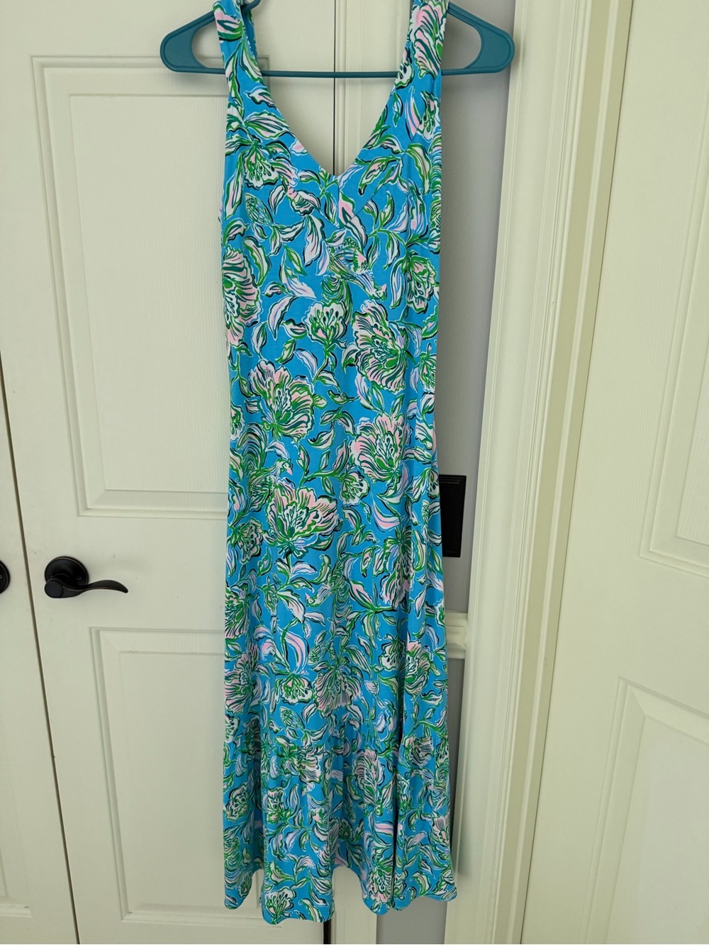 Lilly Pulitzer Blue Floral V-Neck Maxi Dress with Green and Pink Accents